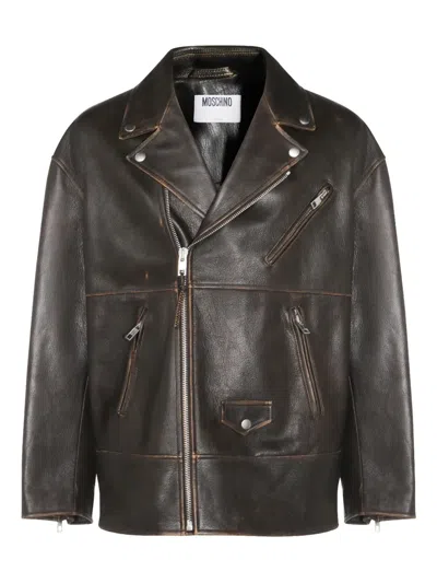 Moschino Smiley-face Studded Leather Jacket