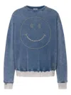 Moschino Crewneck Sweater With Studded Smiley Face In Blue