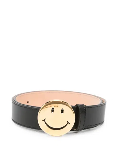 Moschino Smiley Leather Belt In Black