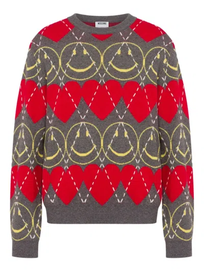 Moschino Smiley-face Heart-pattern Sweater In Red