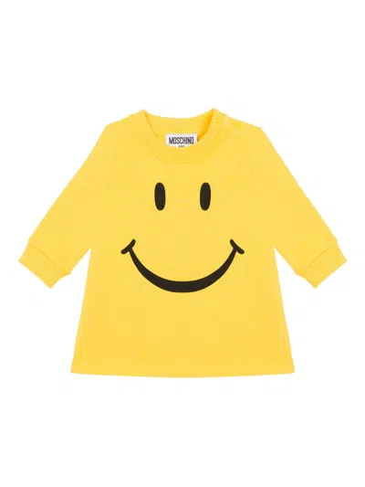 Moschino Babies' Smiley-print Long-sleeve Dress In Yellow