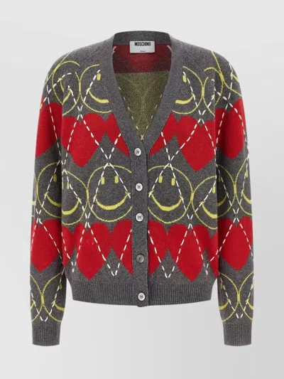 MOSCHINO 'SMILEY®' V-NECK KNIT CARDIGAN WITH GRAPHIC PATTERN