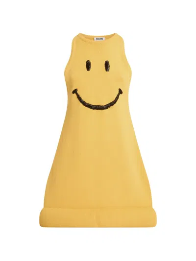 Moschino Smiley-embroidered Padded-hem Mini Dress In Yellow