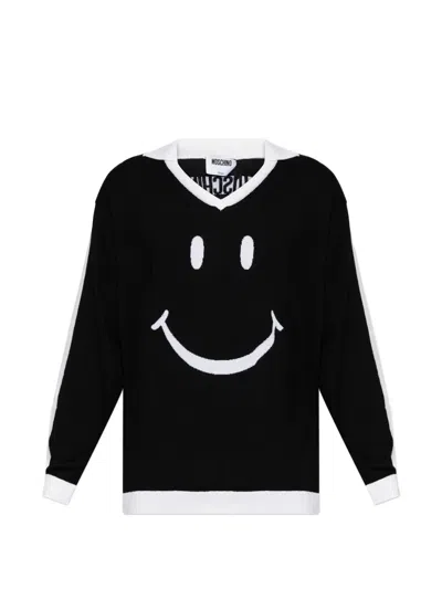 Moschino X Smiley V-neck Jumper In Black