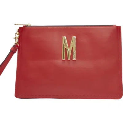 Moschino Smooth Leather Top Zip Wristlet Clutch Bag In Red