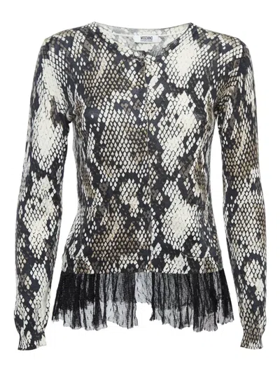 Pre-owned Moschino Snake-print Lace-trim Top In Black