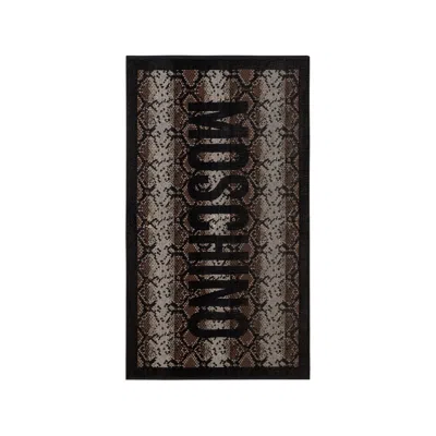 Moschino Snake Print Logo Jacquard Beach Towel In Black