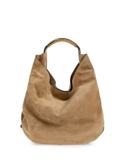 Moschino Soft Suede Bag With Structured Gold-tone Handle In Brown