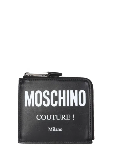 Moschino Square Wallet With Leather Logo In Black