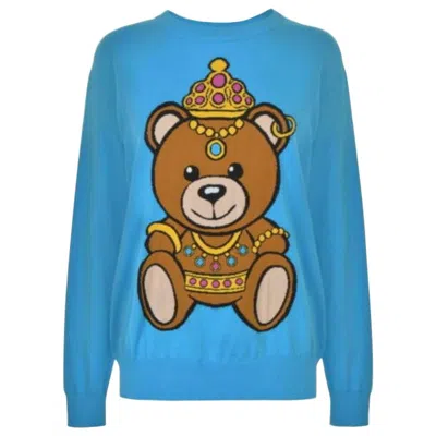 Pre-owned Moschino Ss17  Couture Jeremy Scott Crowned Teddy Bear Jumper Light Blue Sweater