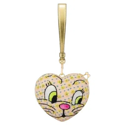 Pre-owned Moschino Ss22  Wristlet Shoulder Clutch Bag Cat Face Heart Peach Beaded Sequins In Sand