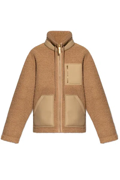 Moschino Stand-up Collar Shearling Jacket In Brown