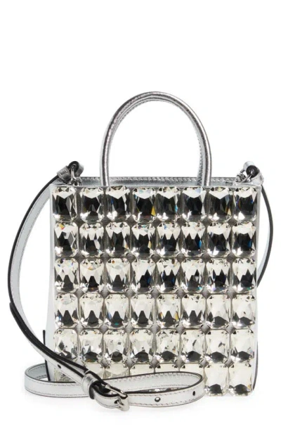 Moschino Still Life Crystal Embellished Metallic Leather Tote In Nickel Multi