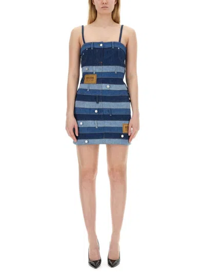 Moschino Strapless Denim Dress With Mixed Stripe Design In Multi