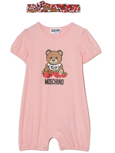 Moschino Strawberry Logo-print Short-sleeve Babygrow In Pink