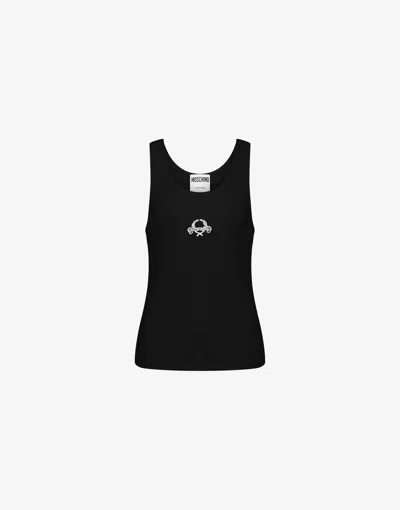 Moschino Stretch Cotton Tank Top Laurel Crown Logo In Black