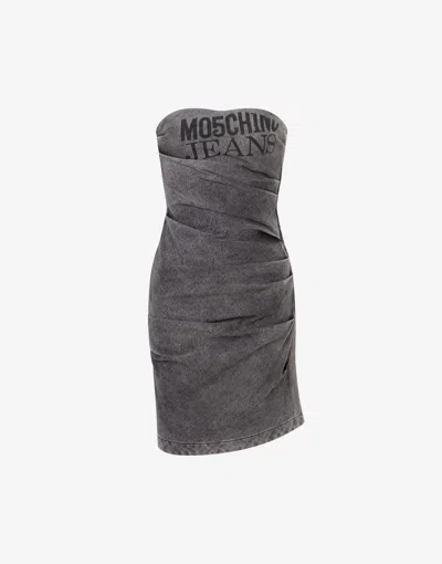 Moschino Stretch Denim Dress Logo Print In Gray