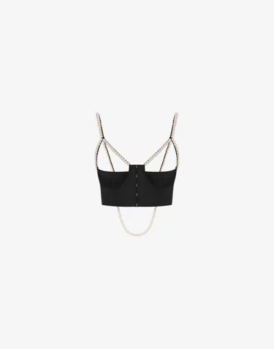 Moschino Stretch Poplin Crop Top With Pearls In Black