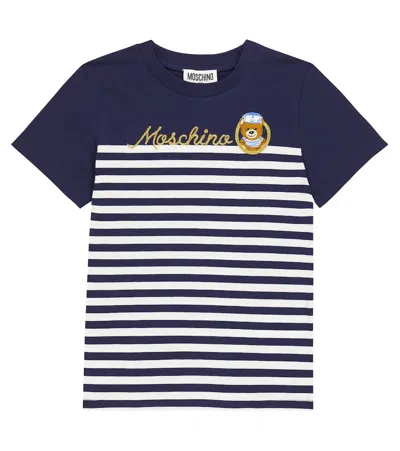 Moschino Kids' Striped Cotton Jersey T-shirt W/ Patch In White,navy