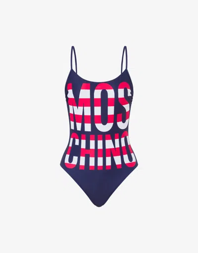 Moschino Striped Lettering Logo One-piece Swimsuit In Blue