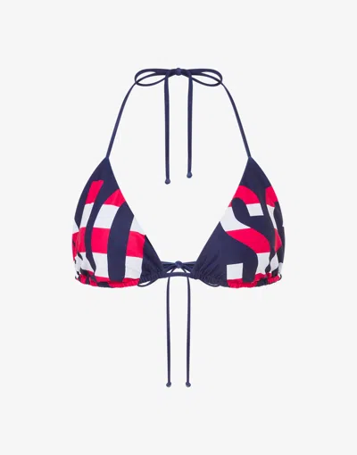 Moschino Striped Lettering Logo Triangle Bikini Top In Blue