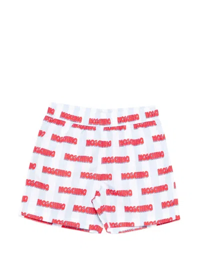 Moschino Kids' Striped Logo Swim Shorts In White