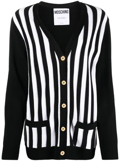 Moschino Striped Ribbed-knit Cardigan In Black