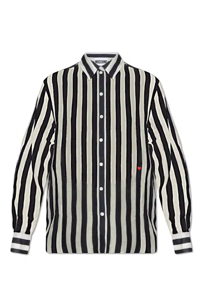 Moschino Heart Embroidered Striped Shirt In Black