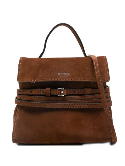 Moschino Structured Brown Suede Top Handle Shoulder Bag In Black