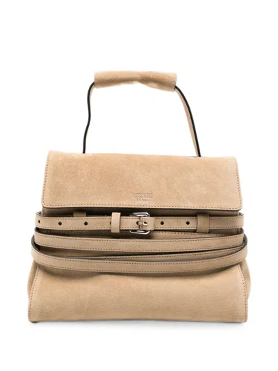 Moschino Structured Suede Handbag With Detachable Shoulder Strap In Brown