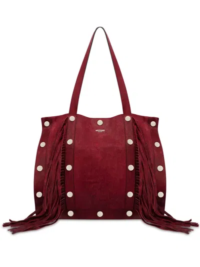 Moschino Stud-embellished Fringed Suede Shoulder Bag In Red