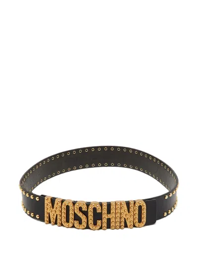 Pre-owned Moschino Studded Logo Buckle Belt In Black
