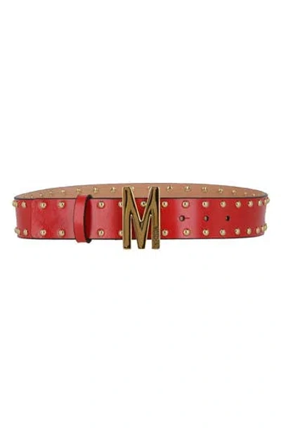Moschino Studded Logo Leather Belt In Red