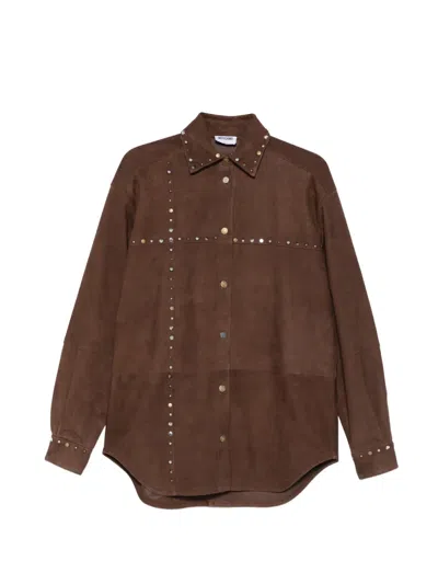 Moschino Suede Shirt Pointed Collar Long Studded Sleeves In Brown