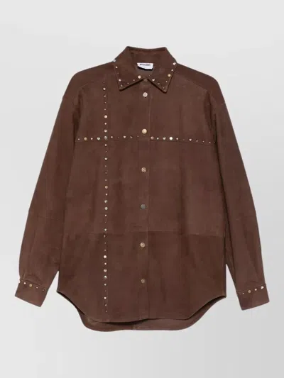 Moschino Suede Shirt Pointed Collar Long Studded Sleeves In Brown