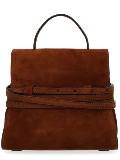 Moschino Suede Top-handle Satchel With Belt Detail In Brown