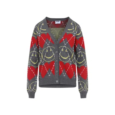 Moschino Jacquard Smile Wool Blend Cardigan In Gray
