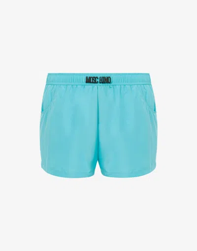 Moschino Swim Boxer In Nylon Black Lettering In Blu Cielo