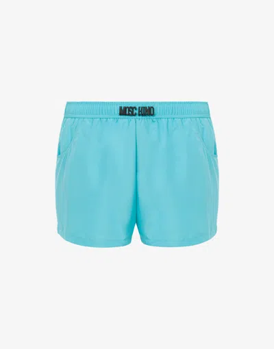 Moschino Swim Boxer In Nylon Black Lettering In Blue
