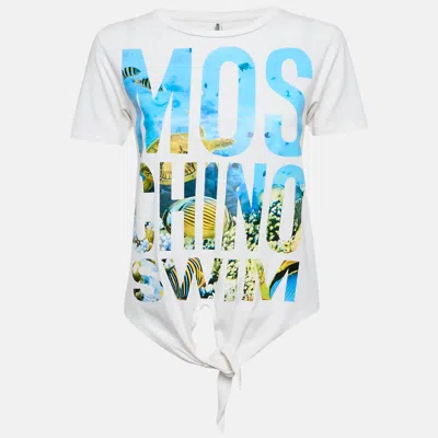 Pre-owned Moschino Swim White Printed Cotton Tie-up Top Xs