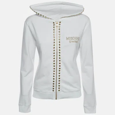 Pre-owned Moschino Swim White Studded Cotton Knit Zip Up Hoodie Xs