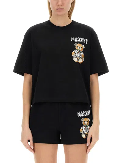 Moschino T-shirt Crystal Teddy Bear In Black