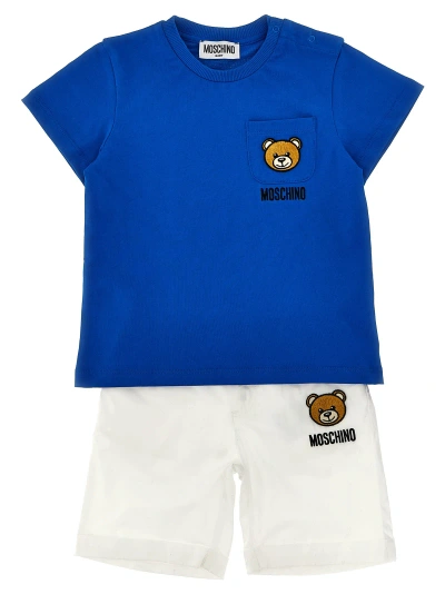 Moschino Babies' T-shirt + Logo Embroidery Shorts In Blue