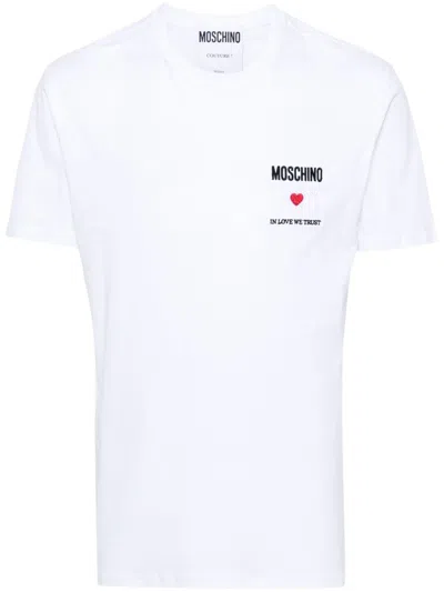 Moschino Logo-embroidered Cotton T-shirt In White