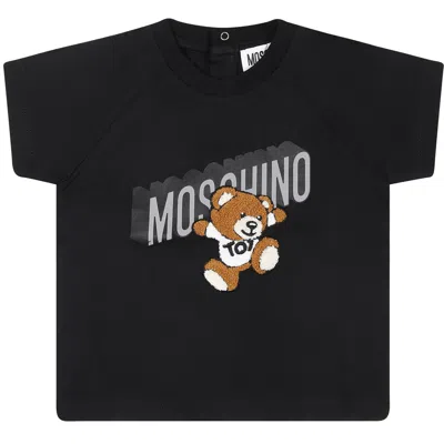 Moschino Babies' T-shirt Nera Per Neonati Con Teddy Bear E Logo In Black