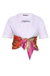 Moschino Scarf-detailed Cropped T-shirt In Bianco