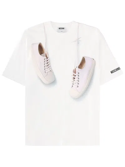 Moschino Short Sleeve Crew Neck Graphic Top In White
