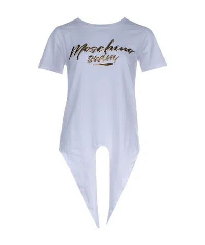 Moschino T-shirt With Round Collar And Knot Hem In Blue