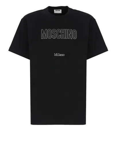 Moschino Crystal Logo Crew Neck T-shirt With Short Sleeves In Black