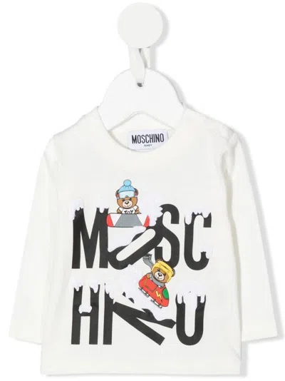 Moschino Babies' T-shirt With Teddy On The Snowboard In Bianco
